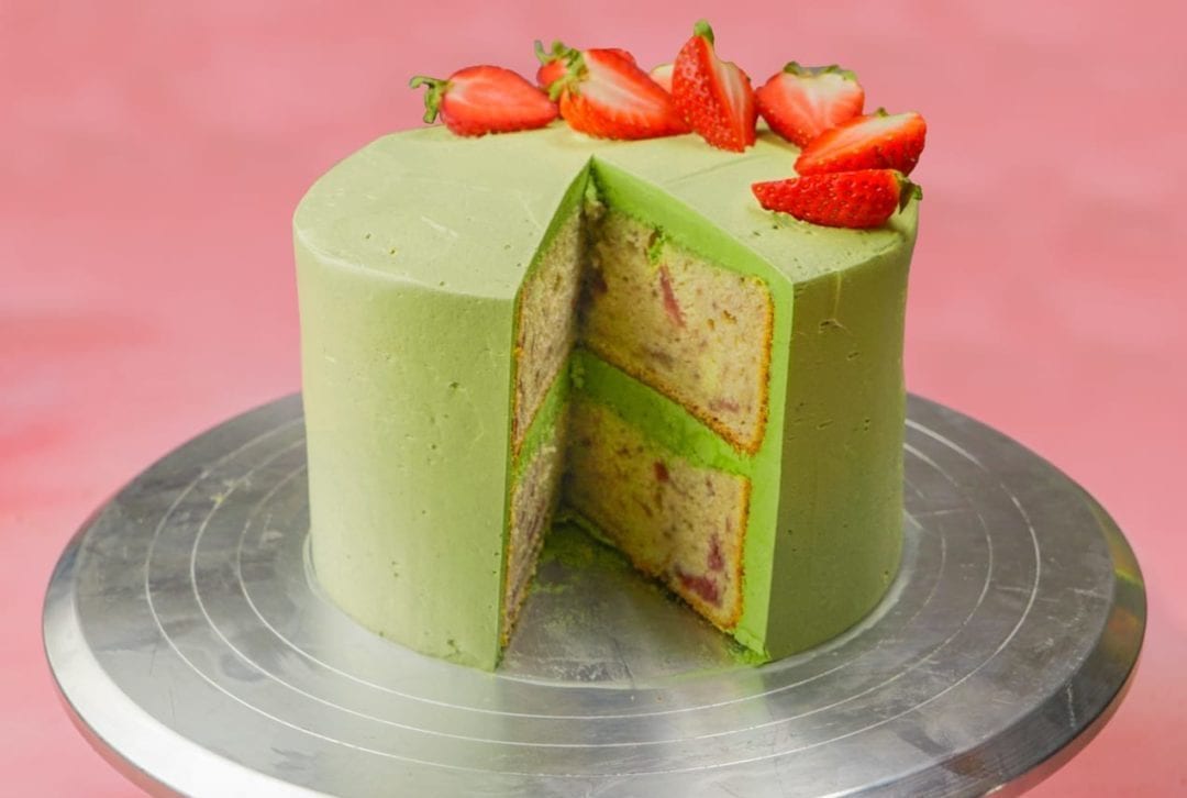 rose matcha strawberry cake