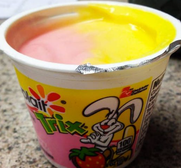 Open cup of Trix Yogurt on a countertop, sourced from Pinterest