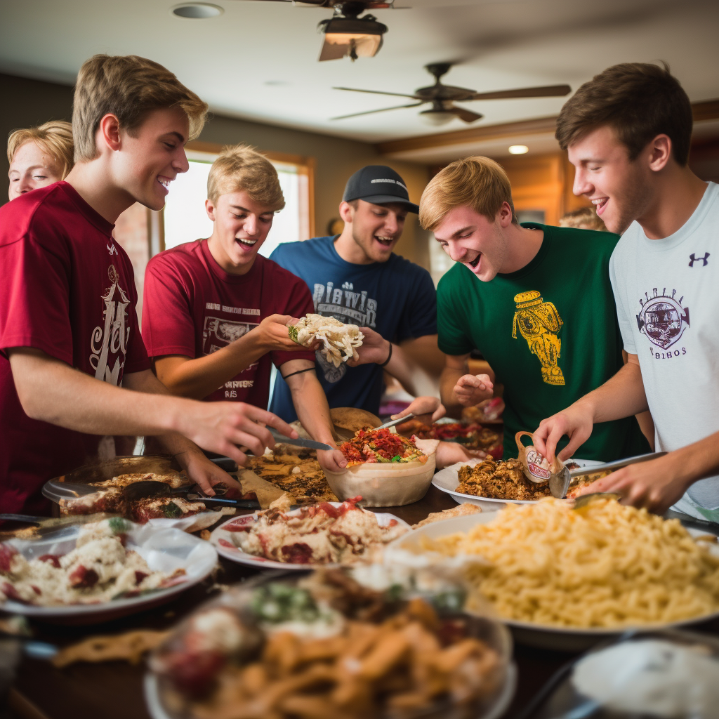 A group of friends using leftovers to host a buffet party on gameday