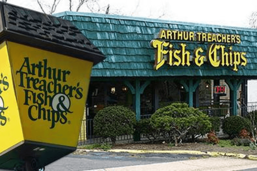 The image features an Arthur Treacher’s Fish & Chips restaurant with its signature green roof and bold yellow signage, alongside a lantern-style sign, evoking nostalgia for its classic British-inspired seafood offerings.