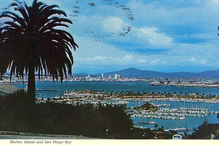 Vintage postcard view of Shelter Island and San Diego Bay, featuring a foreground silhouette of a large palm tree, a marina filled with sailboats, and the San Diego skyline across the water under a partly cloudy sky.